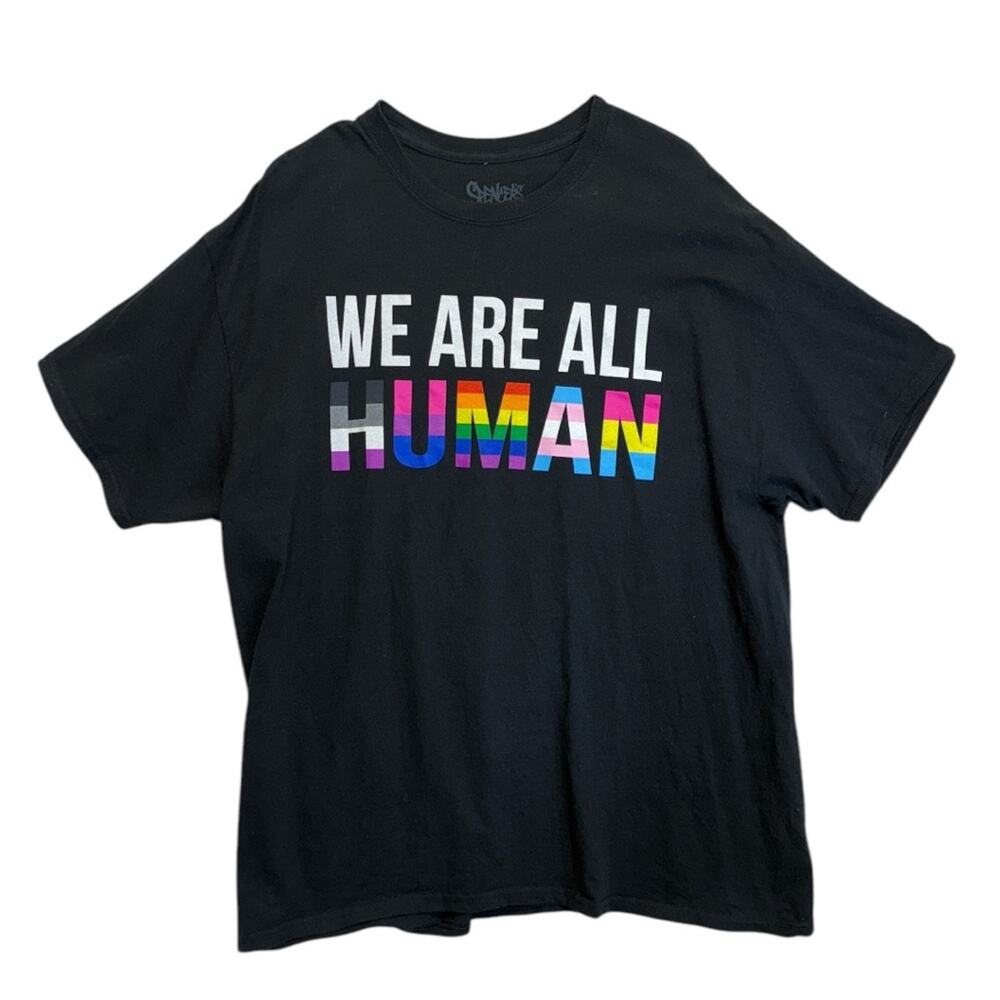 We Are All Human Graphic T-shirt Size XL unisex black short sleeve tee rainbow